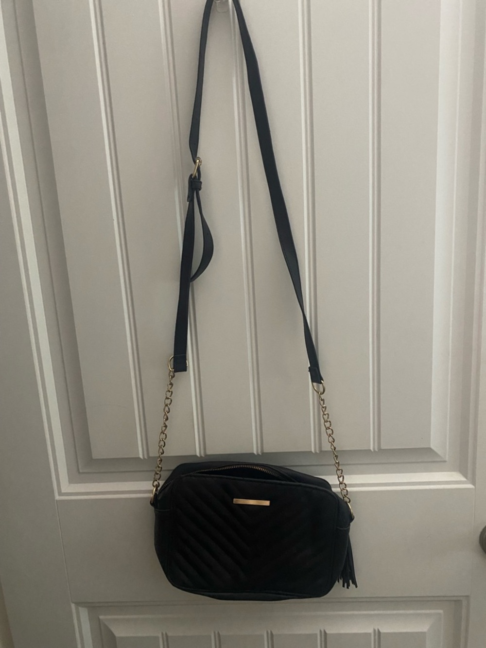 Black Quilted Crossbody Bag with Gold Chain Accent